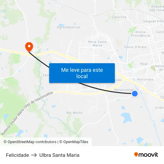 Felicidade to Ulbra Santa Maria map