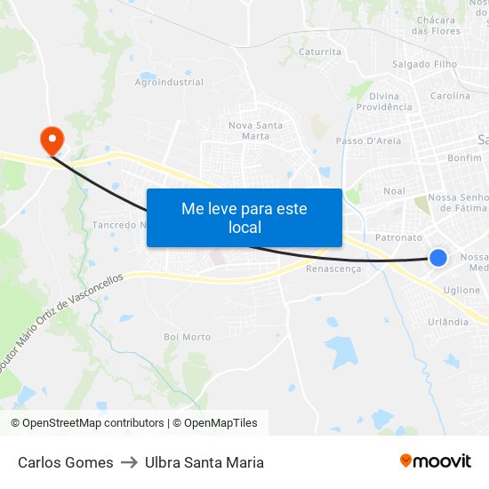 Carlos Gomes to Ulbra Santa Maria map