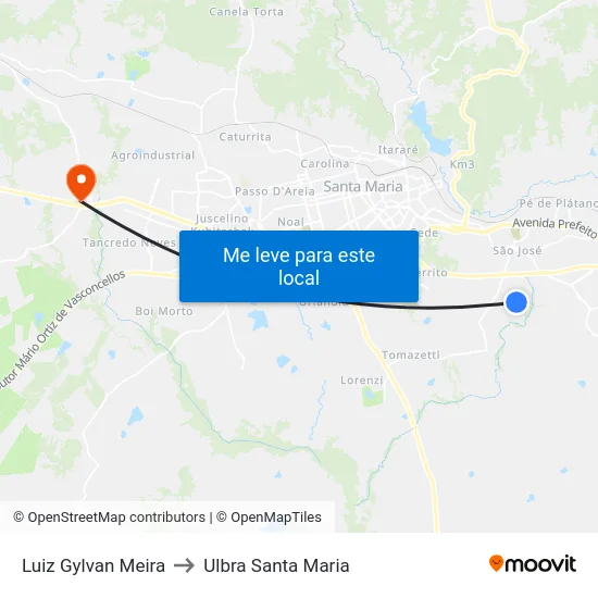 Luiz Gylvan Meira to Ulbra Santa Maria map