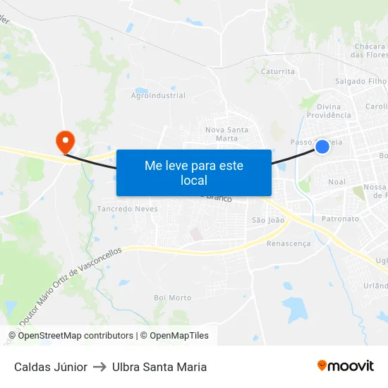 Caldas Júnior to Ulbra Santa Maria map