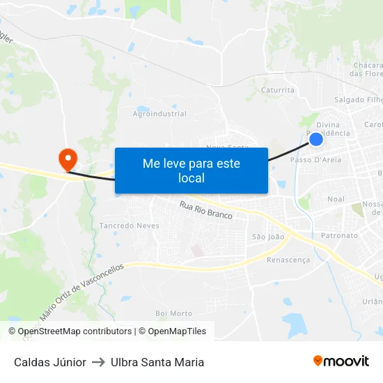 Caldas Júnior to Ulbra Santa Maria map