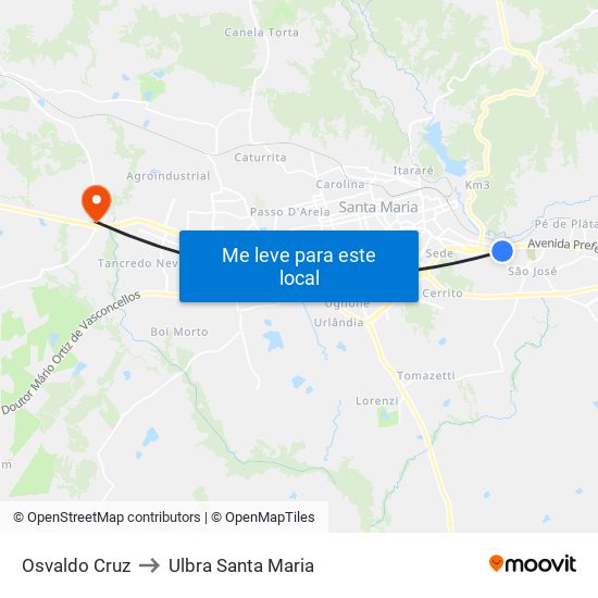 Osvaldo Cruz to Ulbra Santa Maria map