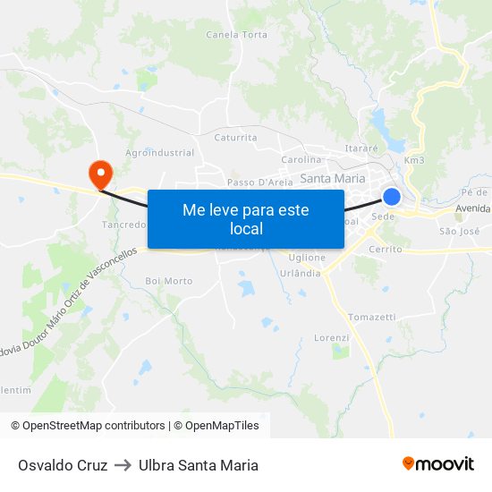 Osvaldo Cruz to Ulbra Santa Maria map