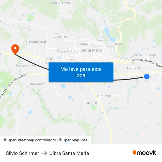Silvio Schirmer to Ulbra Santa Maria map