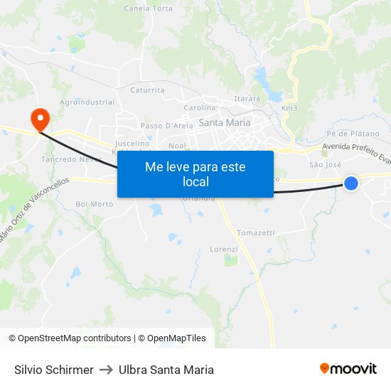 Silvio Schirmer to Ulbra Santa Maria map