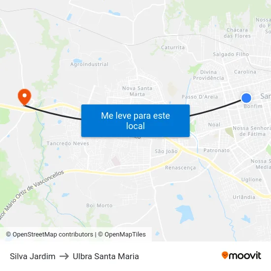 Silva Jardim to Ulbra Santa Maria map
