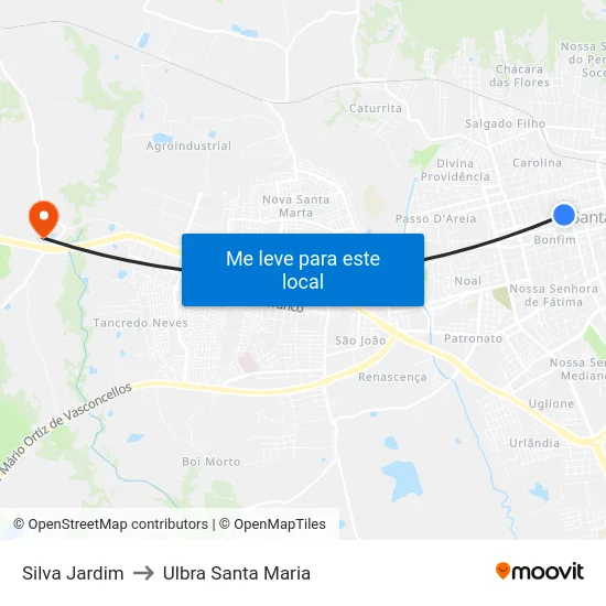 Silva Jardim to Ulbra Santa Maria map