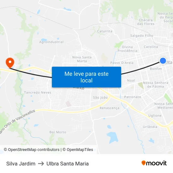 Silva Jardim to Ulbra Santa Maria map