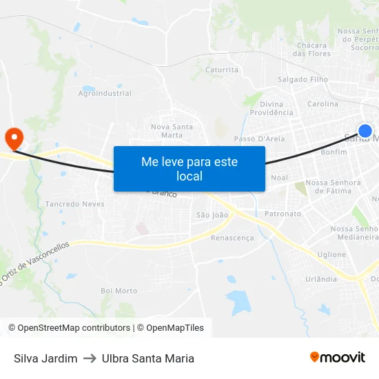 Silva Jardim to Ulbra Santa Maria map