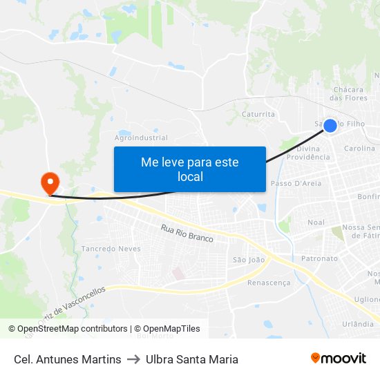 Cel. Antunes Martins to Ulbra Santa Maria map