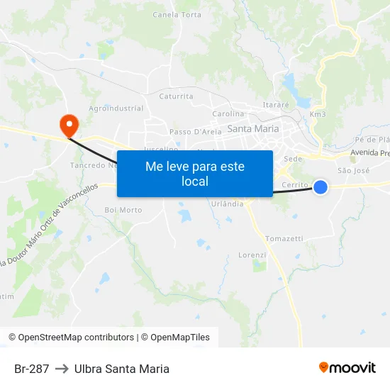 Br-287 to Ulbra Santa Maria map