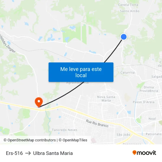 Ers-516 to Ulbra Santa Maria map