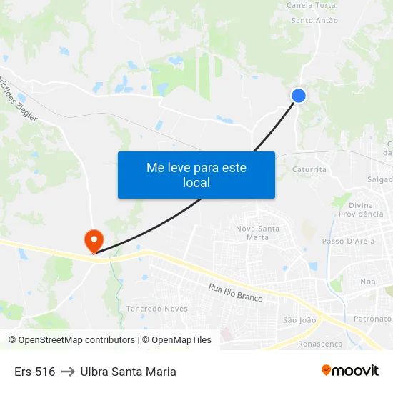 Ers-516 to Ulbra Santa Maria map