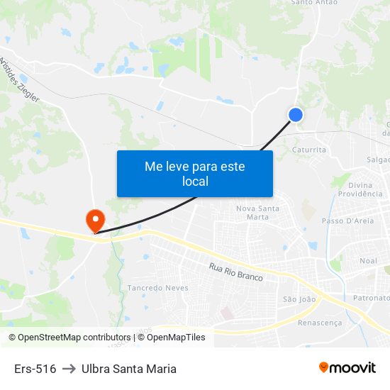 Ers-516 to Ulbra Santa Maria map