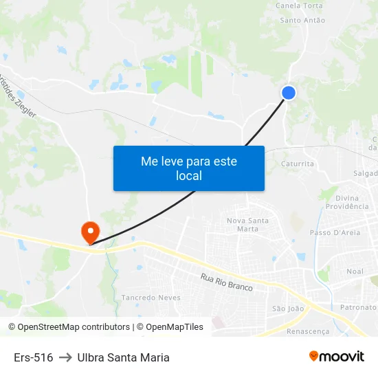 Ers-516 to Ulbra Santa Maria map