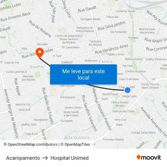 Acampamento to Hospital Unimed map