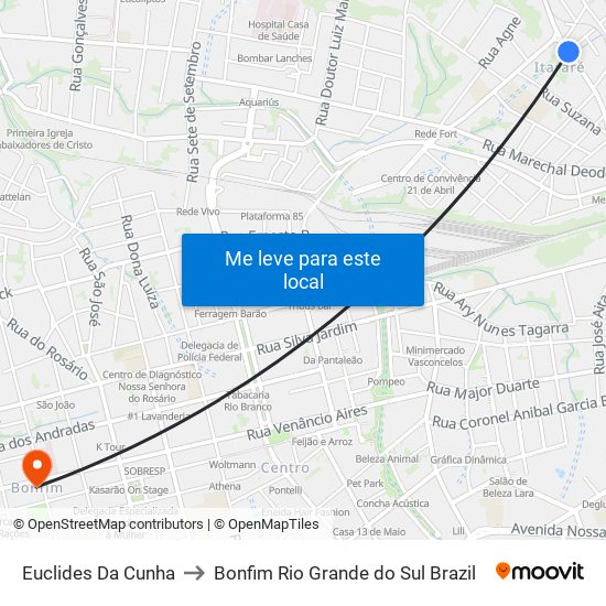 Euclides Da Cunha to Bonfim Rio Grande do Sul Brazil map