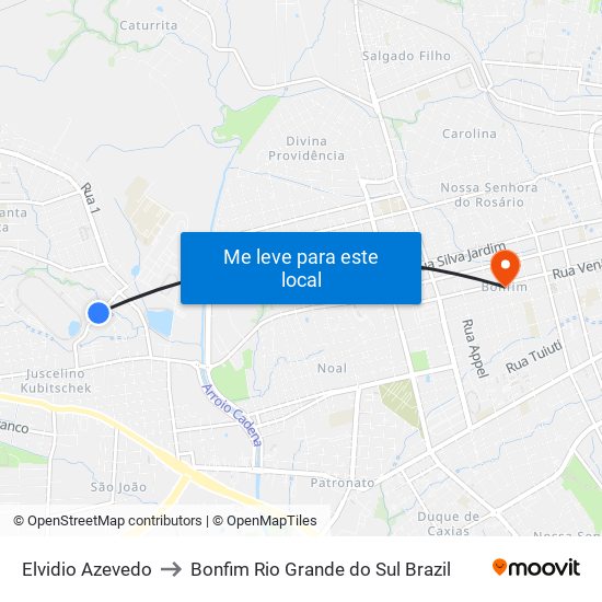 Elvidio Azevedo to Bonfim Rio Grande do Sul Brazil map