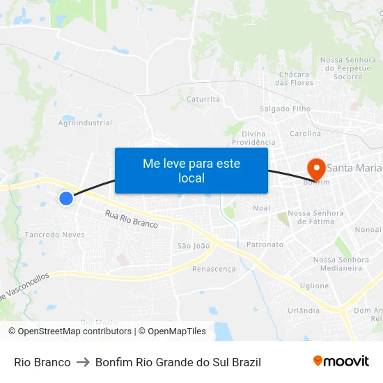 Rio Branco to Bonfim Rio Grande do Sul Brazil map