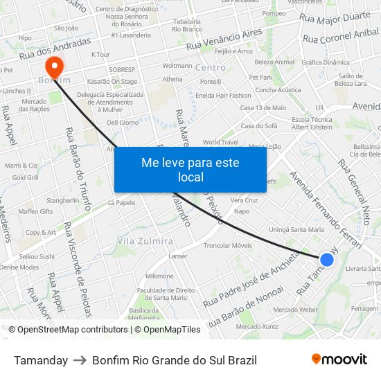 Tamanday to Bonfim Rio Grande do Sul Brazil map