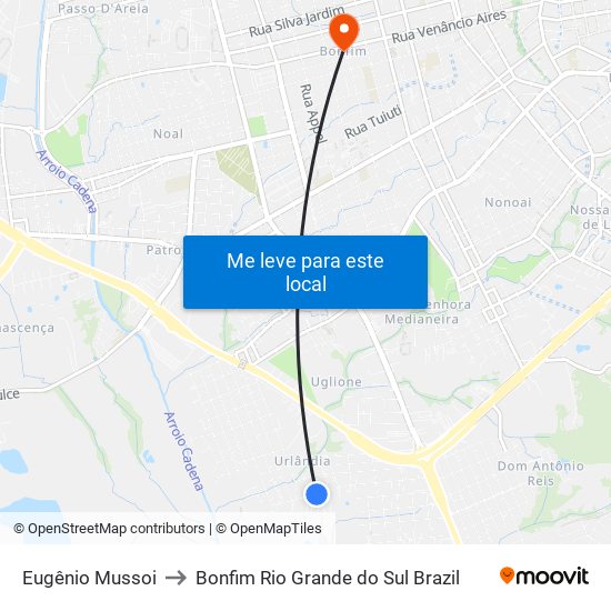 Eugênio Mussoi to Bonfim Rio Grande do Sul Brazil map