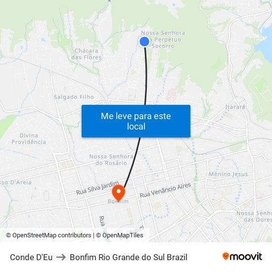 Conde D'Eu to Bonfim Rio Grande do Sul Brazil map