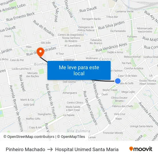 Pinheiro Machado to Hospital Unimed Santa Maria map