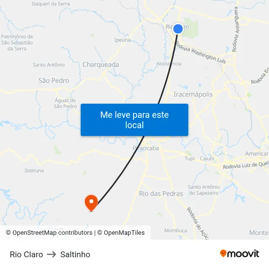 Rio Claro to Saltinho map