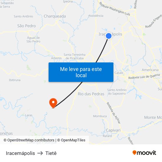 Iracemápolis to Tietê map