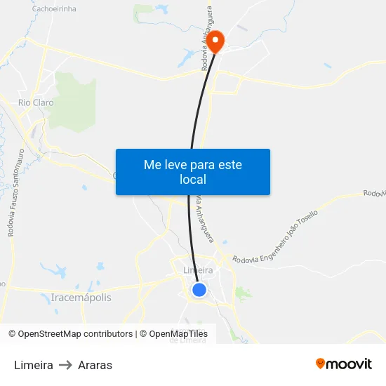 Limeira to Araras map