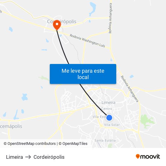 Limeira to Cordeirópolis map