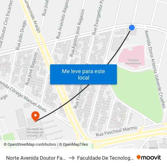 Norte Avenida Doutor Fabrício Vampré, 685 to Faculdade De Tecnologia Da Unicamp - Ft map