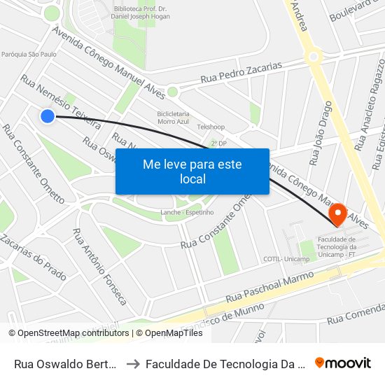 Rua Oswaldo Bertolini, 505 to Faculdade De Tecnologia Da Unicamp - Ft map