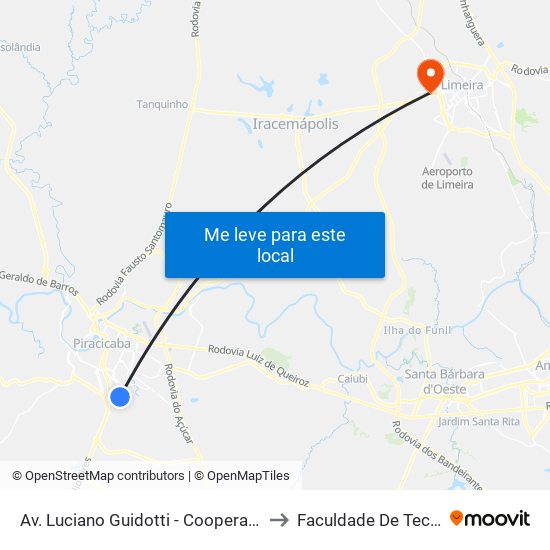 Av. Luciano Guidotti - Cooperativa - Coop. Dos Fornecedores De Cana to Faculdade De Tecnologia Da Unicamp - Ft map