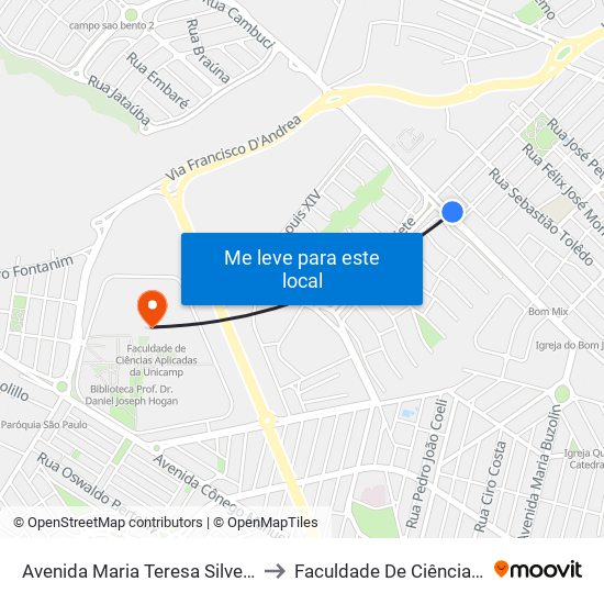 Avenida Maria Teresa Silveira De Barros Camargo, 1016 to Faculdade De Ciências Aplicadas Da Unicamp map