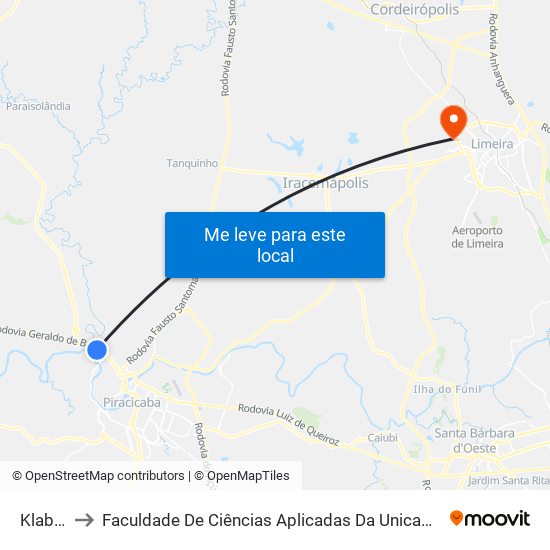 Klabin to Faculdade De Ciências Aplicadas Da Unicamp map