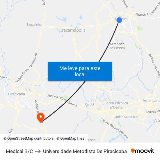 Medical B/C to Universidade Metodista De Piracicaba map