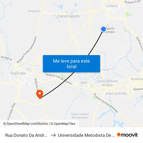 Rua Donato Da Andréia, 6435 to Universidade Metodista De Piracicaba map