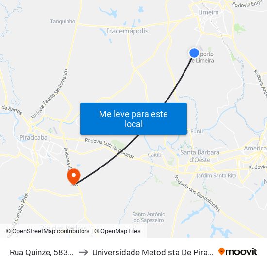 Rua Quinze, 583-629 to Universidade Metodista De Piracicaba map