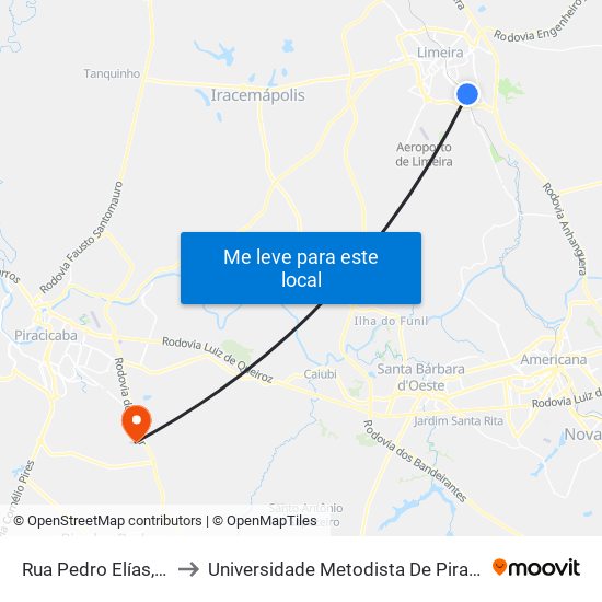 Rua Pedro Elías, 214 to Universidade Metodista De Piracicaba map