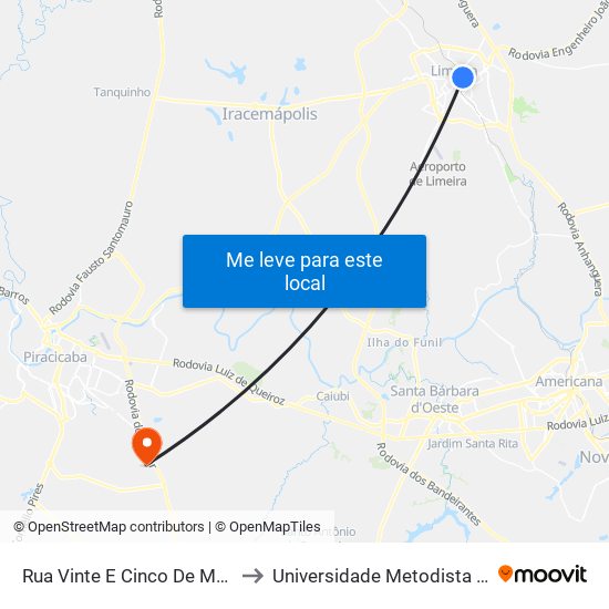 Rua Vinte E Cinco De Março, 219-267 to Universidade Metodista De Piracicaba map
