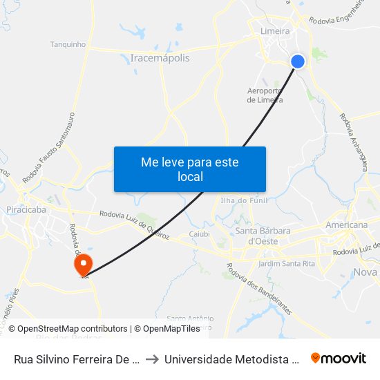 Rua Silvino Ferreira De Castro, 292 to Universidade Metodista De Piracicaba map