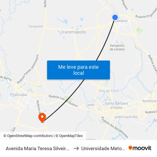 Avenida Maria Teresa Silveira De Barros Camargo, 1016 to Universidade Metodista De Piracicaba map