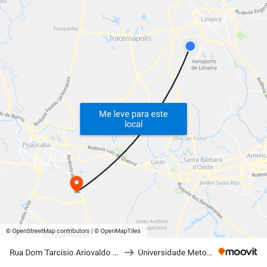 Rua Dom Tarcísio Ariovaldo Do Amaral, 1070 (Rapidão) to Universidade Metodista De Piracicaba map