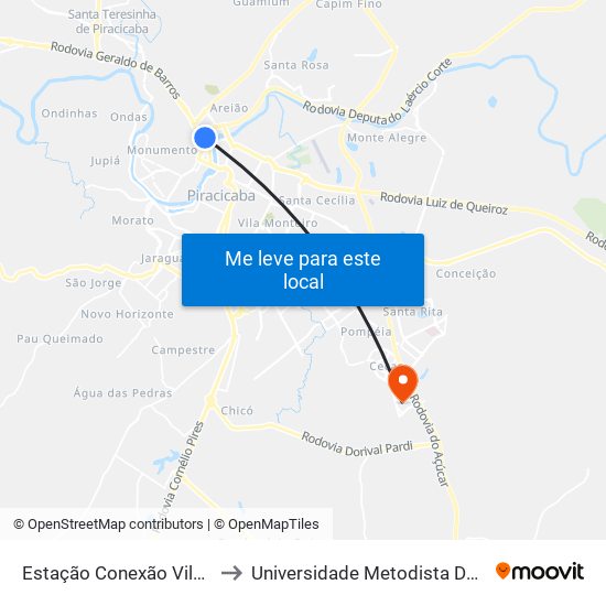 Estação Conexão Vila Rezende to Universidade Metodista De Piracicaba map