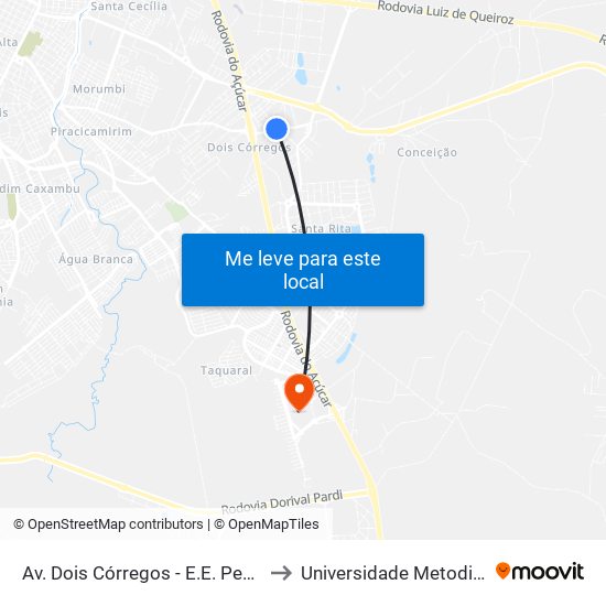 Av. Dois Córregos - E.E. Pedro Moraes Cavalcanti to Universidade Metodista De Piracicaba map