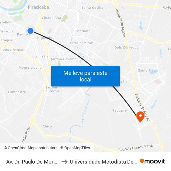 Av. Dr. Paulo De Moraes, 1773 to Universidade Metodista De Piracicaba map