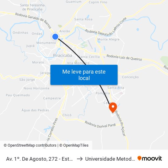 Av. 1º. De Agosto, 272 - Estação Conexão Motocana to Universidade Metodista De Piracicaba map