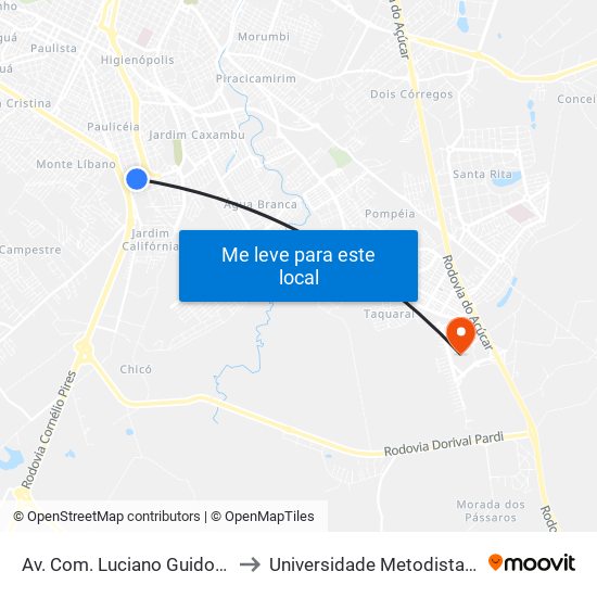 Av. Com. Luciano Guidotti, 2484-2544 to Universidade Metodista De Piracicaba map