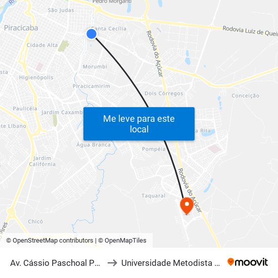 Av. Cássio Paschoal Padovani, 145 to Universidade Metodista De Piracicaba map